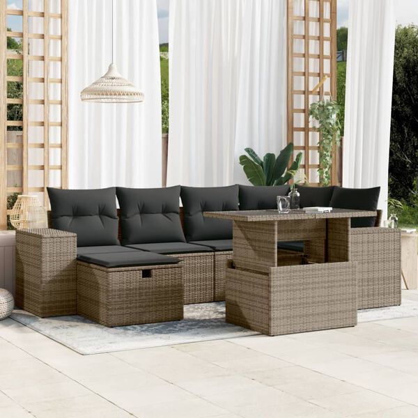 vidaXL Salon de jardin avec coussins 7 pcs gris r&eacute;sine tress&eacute;e