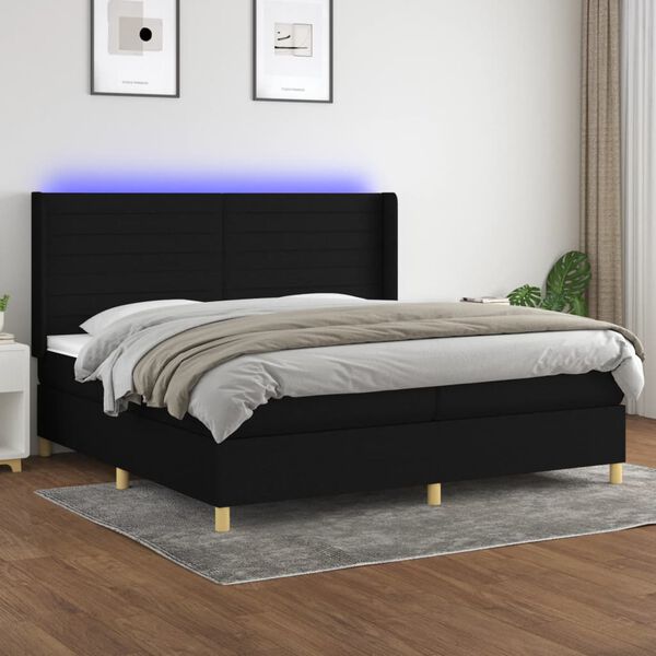 vidaXL Sommier &agrave; lattes de lit et matelas et LED Noir 200x200 cm Tissu