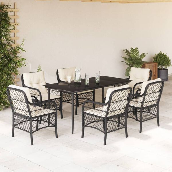 vidaXL Ensemble &agrave; manger de jardin coussins 7pcs Noir R&eacute;sine tress&eacute;e