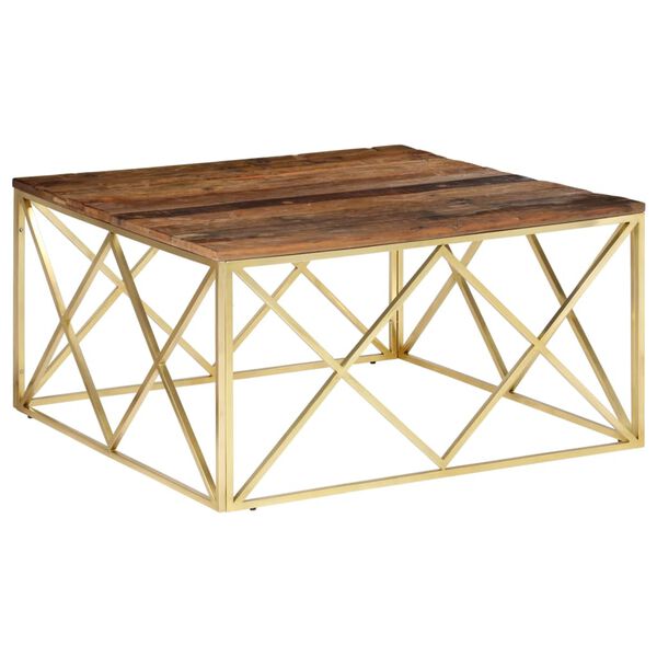 vidaXL Table basse doré acier inoxydable et bois de mélèze massif