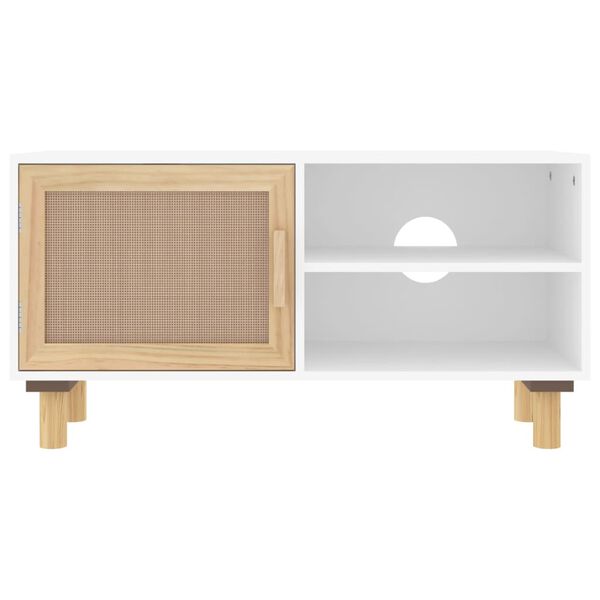 vidaXL Meuble TV Blanc 80x30x40 cm Bois de pin massif et rotin naturel