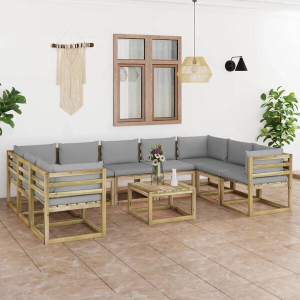 vidaXL Salon de jardin 10 pcs avec coussins bois de pin impr&eacute;gn&eacute;