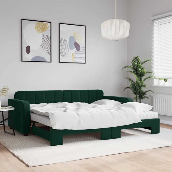 vidaXL Lit de jour avec gigogne et matelas vert fonc&eacute; 90x200cm velours