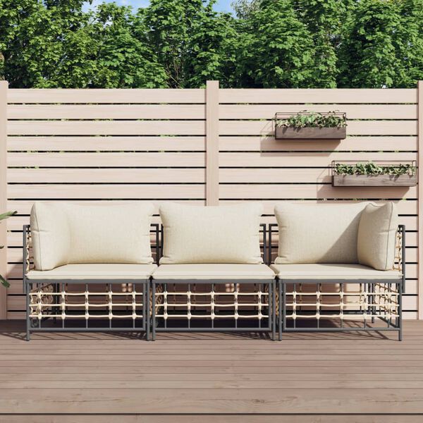 vidaXL Salon de jardin 3 pcs avec coussins anthracite résine tressée