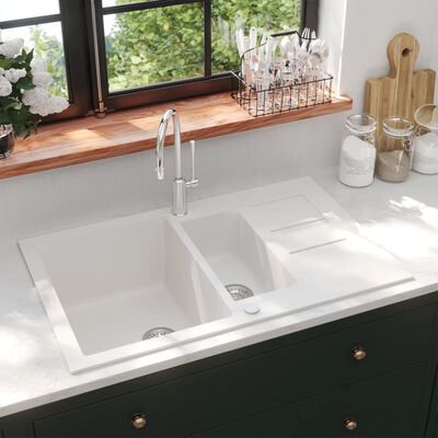 vidaXL Évier de cuisine avec deux lavabos Blanc Granit