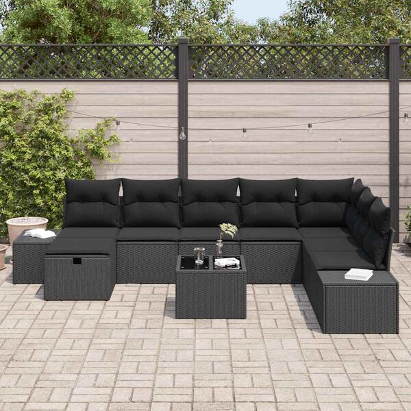 vidaXL Ensemble de canap&eacute; de jardin avec coussin 9 pcs Noir polyrotin