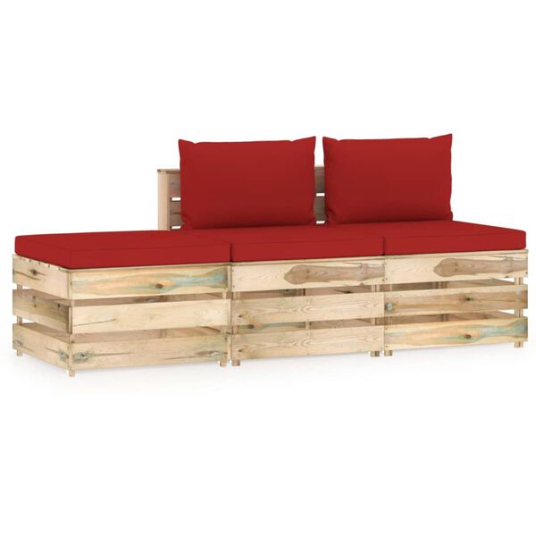 vidaXL Salon de jardin 3 pcs avec coussins Bois impr&eacute;gn&eacute; de vert