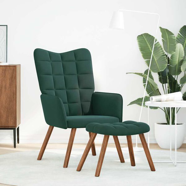vidaXL Fauteuil relax avec tabouret en velours vert foncé