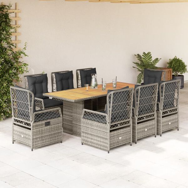 vidaXL Ensemble &agrave; manger de jardin 9 pcs coussins gris r&eacute;sine tress&eacute;e
