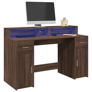vidaXL Bureau et lumi&egrave;res LED ch&ecirc;ne marron bois d'ing&eacute;nierie