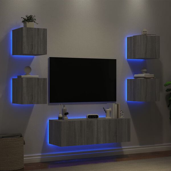 vidaXL Meuble TV muraux 5 pcs avec lumi&egrave;res LED sonoma gris