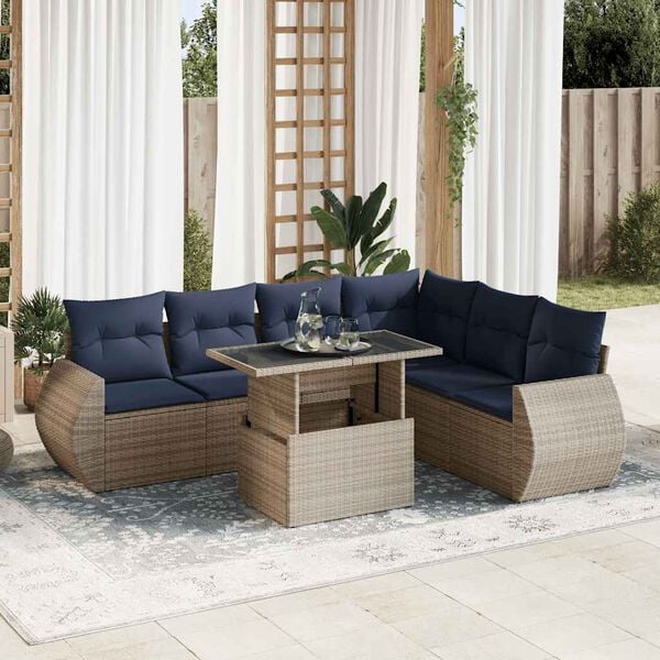vidaXL Salon de jardin avec coussins 7 pcs gris r&eacute;sine tress&eacute;e acacia