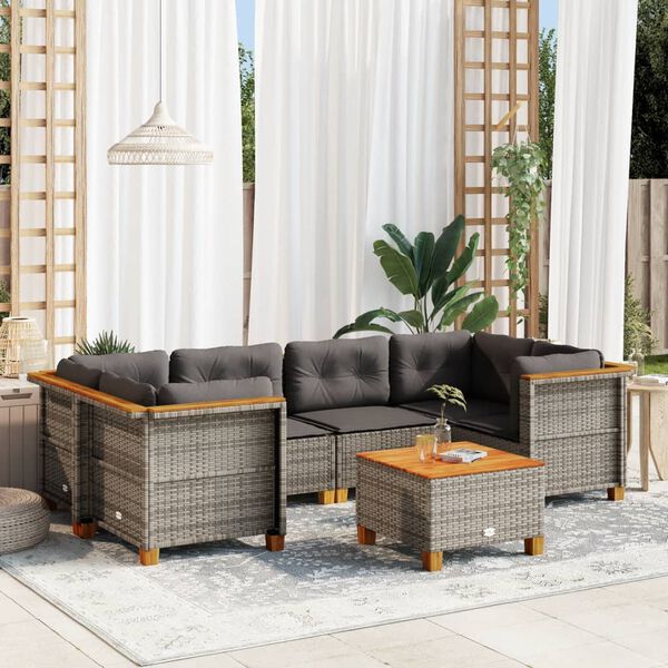 vidaXL Salon de jardin avec coussins 7 pcs gris r&eacute;sine tress&eacute;e