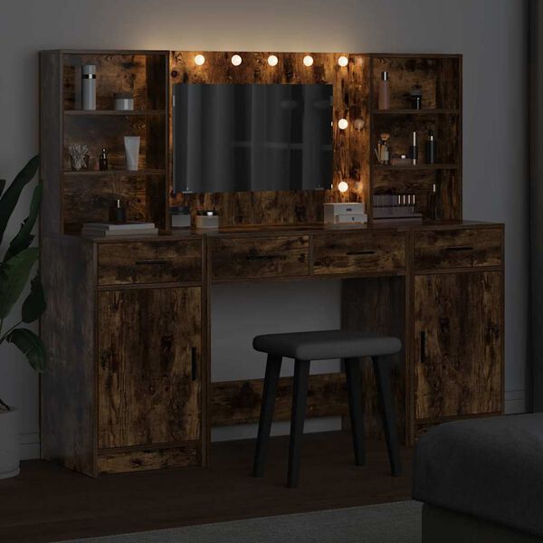 vidaXL Ensemble de table de maquillage avec LED 3 pcs Chêne fumé
