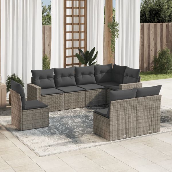 vidaXL Salon de jardin 8 pcs avec coussins gris r&eacute;sine tress&eacute;e