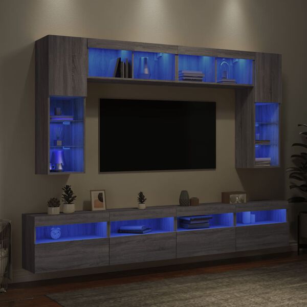 vidaXL Ensemble de meubles TV muraux 8 pcs et lumi&egrave;res LED sonoma gris