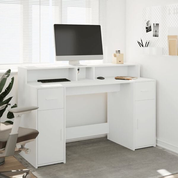 vidaXL Bureau avec lumières LED blanc 140x55x91 cm bois d'ingénierie