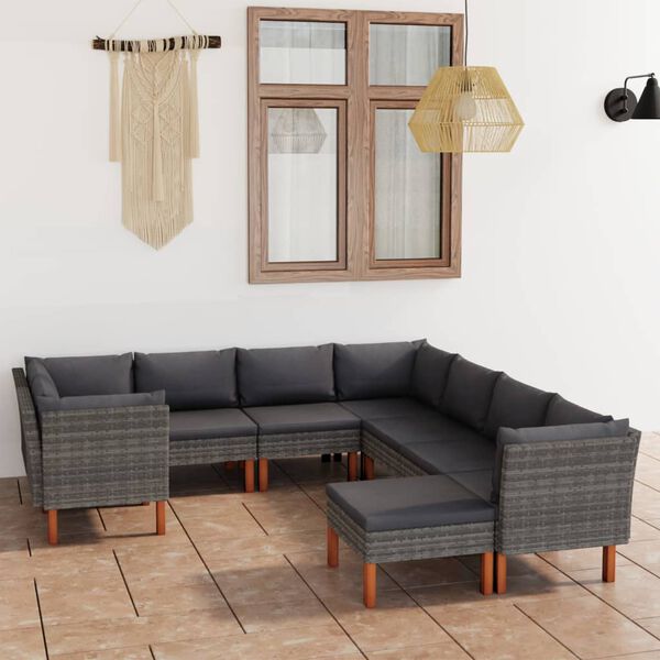 vidaXL Salon de jardin 9 pcs avec coussins R&eacute;sine tress&eacute;e Gris