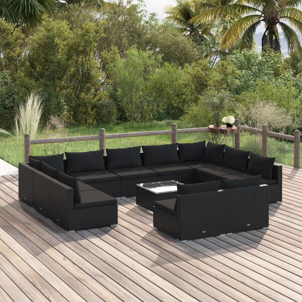 vidaXL Salon de jardin 12 pcs avec coussins Noir R&eacute;sine tress&eacute;e