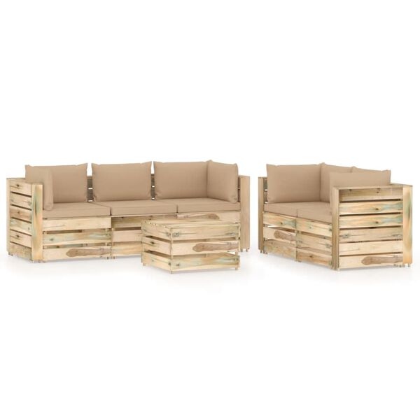 vidaXL Salon de jardin 6 pcs avec coussins Bois impr&eacute;gn&eacute; de vert