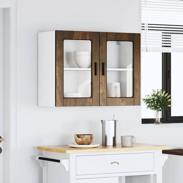 vidaXL Armoire murale de cuisine avec porte en verre Porto ch&ecirc;ne fum&eacute;