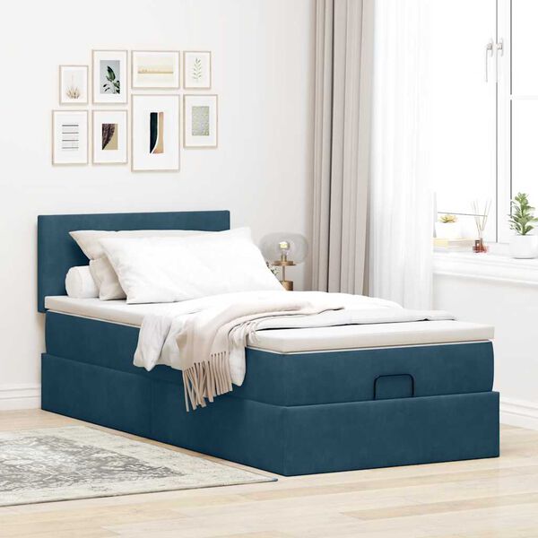 vidaXL Cadre de lit ottoman avec matelas bleu fonc&eacute; 100x200 cm velours