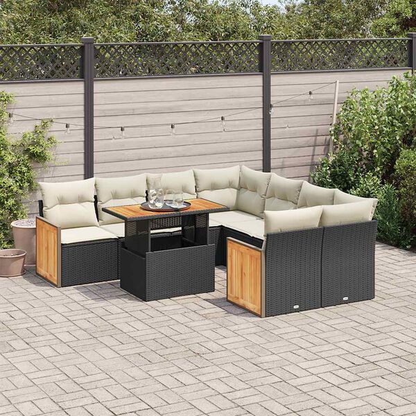 vidaXL Salon de jardin avec coussins 9 pcs noir r&eacute;sine tress&eacute;e acacia