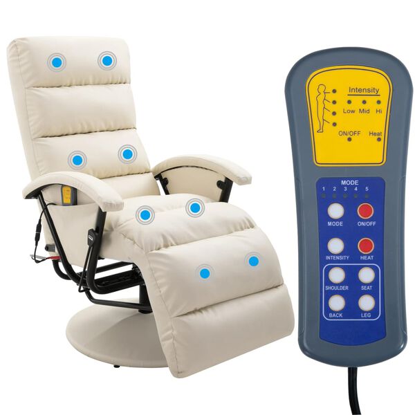vidaXL Fauteuil de massage TV inclinable blanc crème similicuir