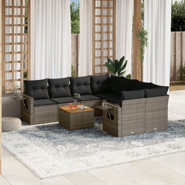 vidaXL Salon de jardin 9 pcs avec coussins gris r&eacute;sine tress&eacute;e