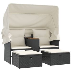 vidaXL Canap&eacute; de jardin 2 places avec auvent et tabourets noir rotin