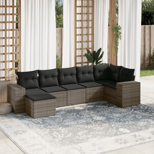 vidaXL Salon de jardin avec coussins 7 pcs gris r&eacute;sine tress&eacute;e