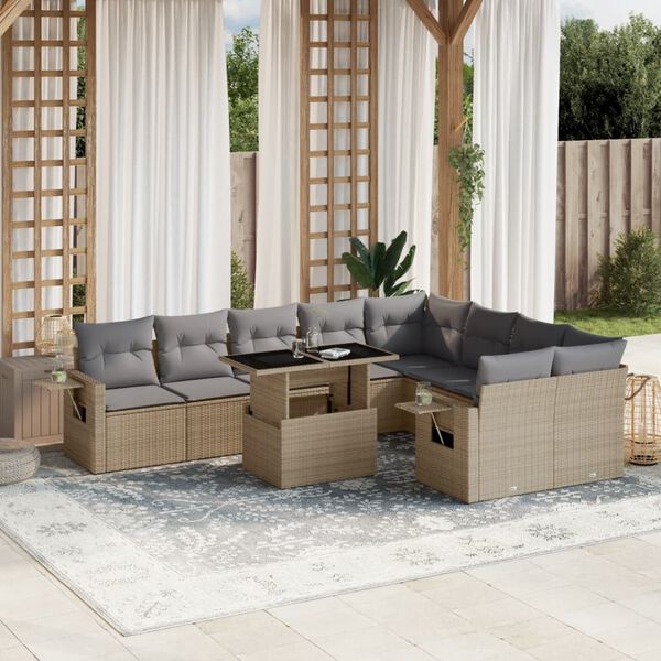 vidaXL Salon de jardin avec coussins 10 pcs beige résine tressée