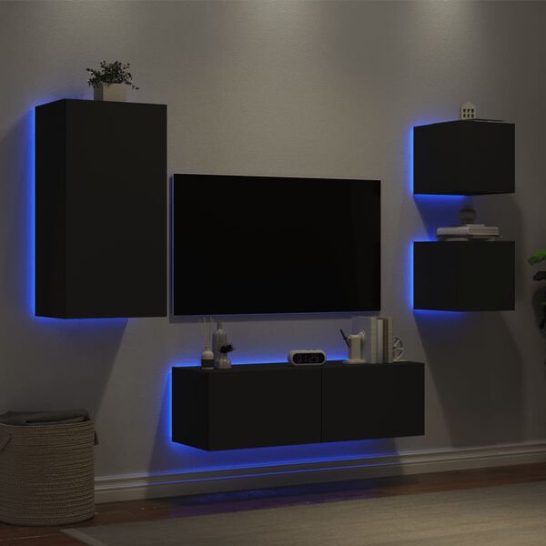 vidaXL Meuble TV muraux 4 pcs avec lumi&egrave;res LED noir