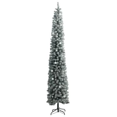 vidaXL Sapin de Noël mince avec 300 LED boules et neige floquée 270 cm