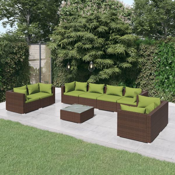 vidaXL Salon de jardin 9 pcs avec coussins r&eacute;sine tress&eacute;e marron