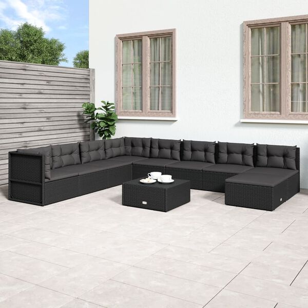 vidaXL Salon de jardin 9 pcs avec coussins Noir R&eacute;sine tress&eacute;e