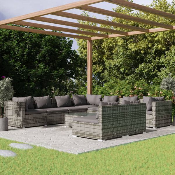 vidaXL Salon de jardin 10 pcs avec coussins Gris R&eacute;sine tress&eacute;e