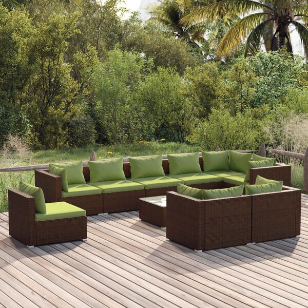 vidaXL Salon de jardin 10 pcs avec coussins Résine tressée Marron