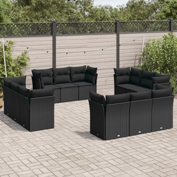 vidaXL Salon de jardin 12 pcs avec coussins noir r&eacute;sine tress&eacute;e