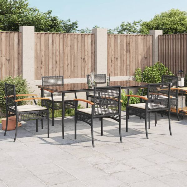 vidaXL Ensemble &agrave; manger de jardin coussins 7pcs Noir R&eacute;sine tress&eacute;e