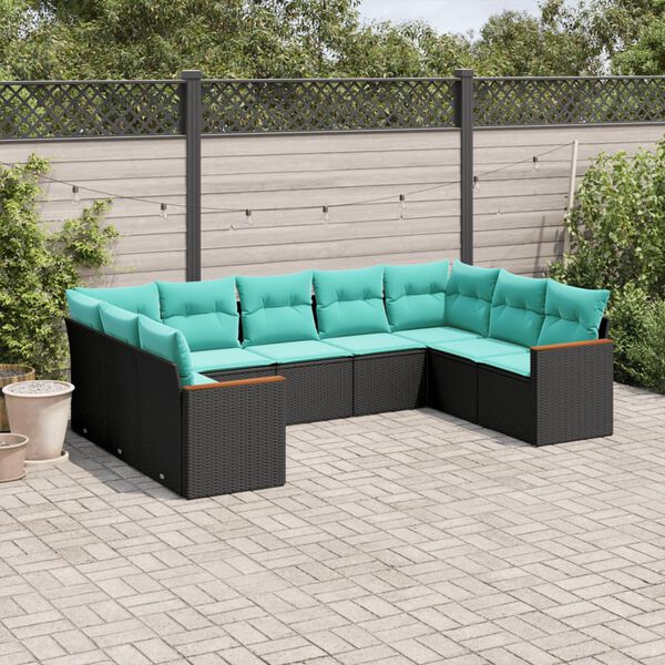 vidaXL Salon de jardin 9 pcs avec coussins noir r&eacute;sine tress&eacute;e