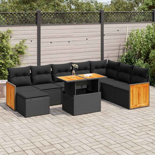 vidaXL Salon de jardin avec coussins 9 pcs noir r&eacute;sine tress&eacute;e acacia