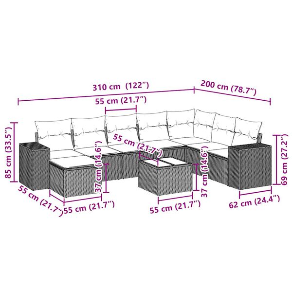 vidaXL Salon de jardin 9 pcs avec coussins gris clair r&eacute;sine tress&eacute;e