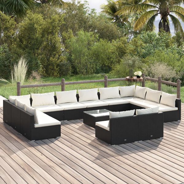 vidaXL Salon de jardin 13 pcs avec coussins Noir R&eacute;sine tress&eacute;e