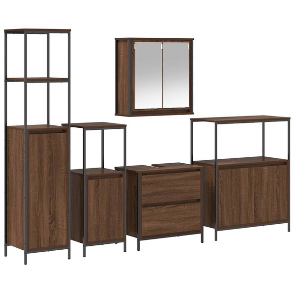 vidaXL Ensemble de mobilier de salle de bain avec &eacute;tag&egrave;re 5 pcs Marron