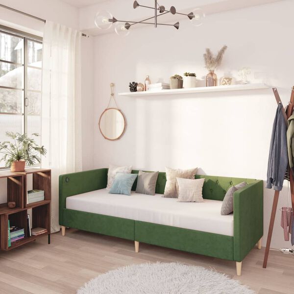 vidaXL Lit avec matelas et &eacute;clairage USB Vert fonc&eacute; Tissu 90x200 cm