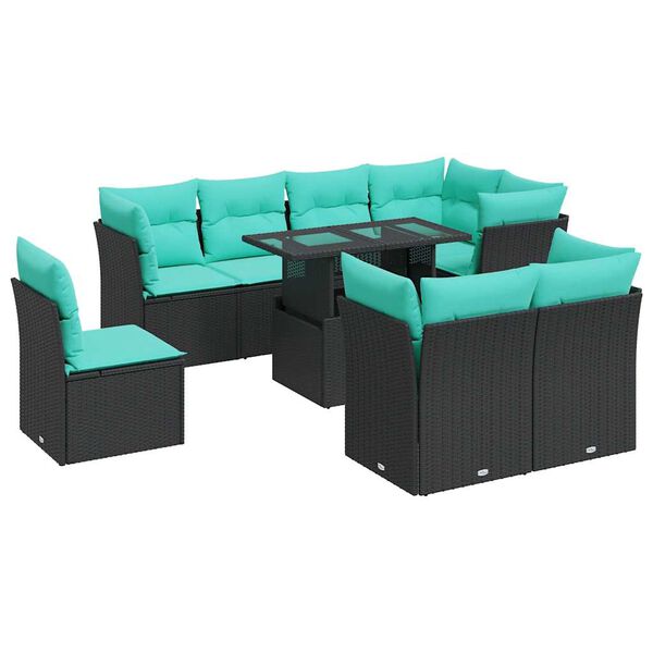 vidaXL Salon de jardin avec coussins 9 pcs noir r&eacute;sine tress&eacute;e acacia