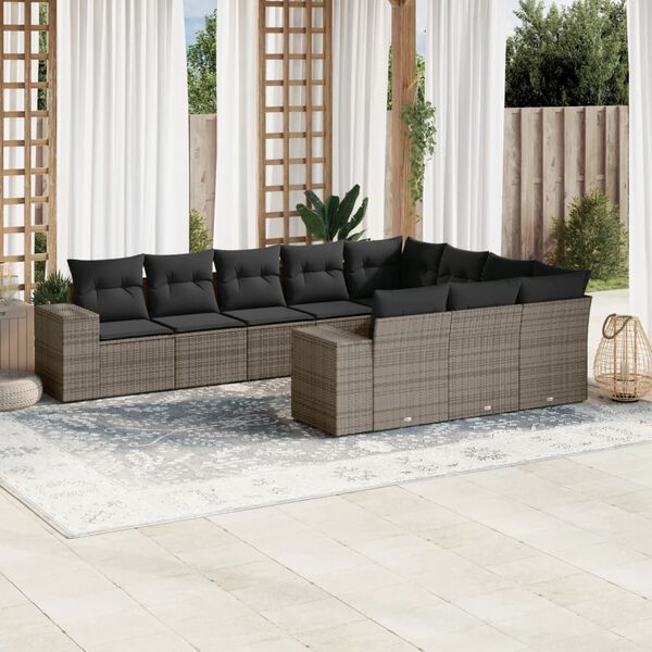 vidaXL Salon de jardin avec coussins 10 pcs gris r&eacute;sine tress&eacute;e