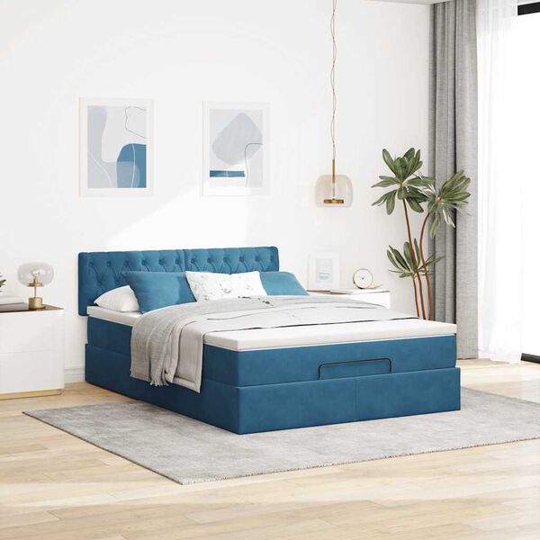 vidaXL Cadre de lit ottoman avec matelas bleu fonc&eacute; 140x200 cm velours