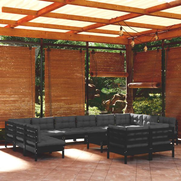 vidaXL Salon de jardin 13 pcs avec coussins Noir Bois de pin